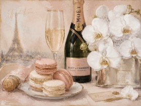 Parisian Eleganz mit Champagner, Blumen, Leinwand oder Poster