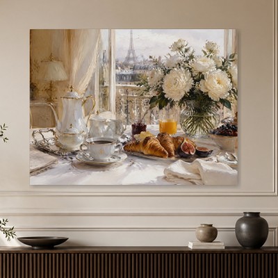 Pariser Frühstückstisch mit Blumen, Leinwand oder Kunstdruck