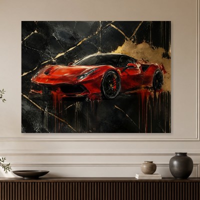 Roter Supersportwagen auf schwarzem Marmor, Wandbild oder Acrylbild