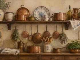 Rustikale Küchenregal-Szene als Wandbild oder Kunstdruck