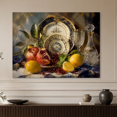 Stillleben mit Granatäpfeln und Zitronen, Kunstdruck oder Wandbild