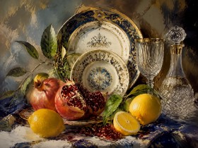 Stillleben mit Granatäpfeln und Zitronen, Kunstdruck oder Wandbild