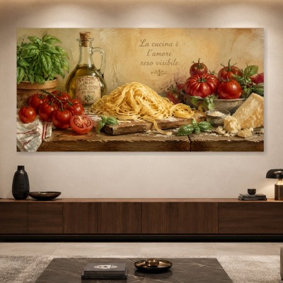 Italienisches Stillleben mit Tomaten und Pasta, Kunstdruck oder Wandbild