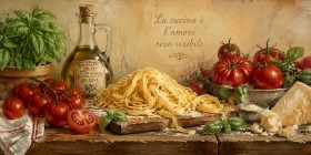Italienisches Stillleben mit Tomaten und Pasta, Kunstdruck oder Wandbild