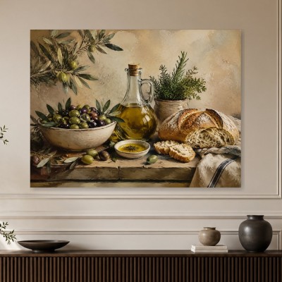 Mediterrane Stillleben Kunstwerk oder Kunstdruck mit Oliven und Brot