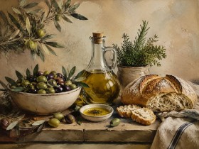 Mediterrane Stillleben Kunstwerk oder Kunstdruck mit Oliven und Brot