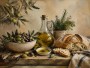 Mediterrane Stillleben Kunstwerk oder Kunstdruck mit Oliven und Brot