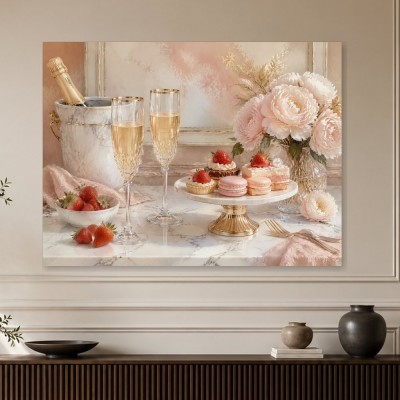 Elegante Dessertszene mit Champagner, Wandbild oder Kunstdruck