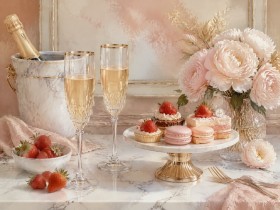 Elegante Dessertszene mit Champagner, Wandbild oder Kunstdruck