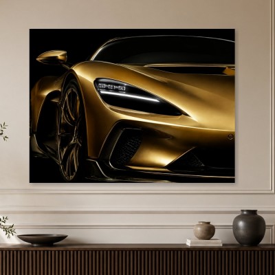 Goldener Supersportwagen als Fine Art Print und Acrylbild