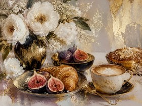 Stillleben mit Blumen, Feigen und Kaffee als Kunstwerk oder Fine Art Print