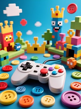 Pixel-Spielwelt mit Controller als Poster oder Kunstdruck