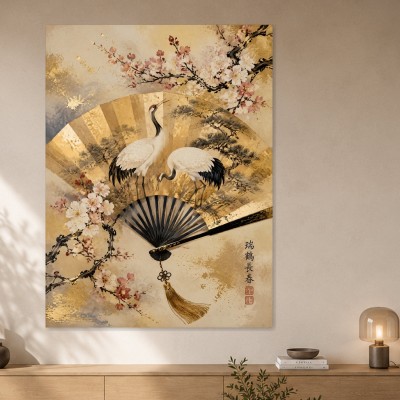 Japanische Kunst mit Kranichen, Gallery Print oder Leinwandbild