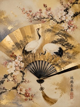 Japanische Kunst mit Kranichen, Gallery Print oder Leinwandbild