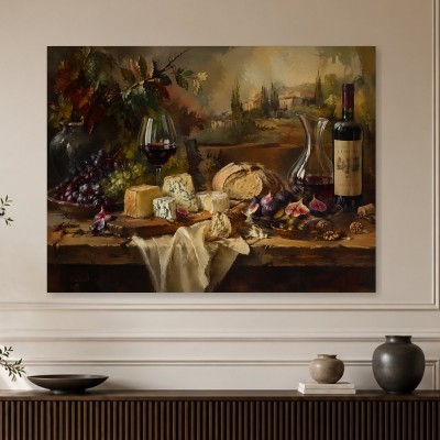 Stillleben mit Wein und Käse, Kunstwerk oder Kunstdruck