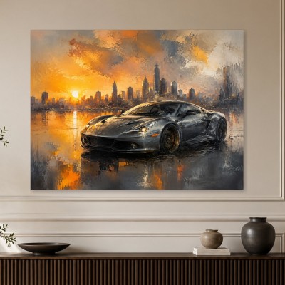 Sportwagen bei Sonnenuntergang, Leinwand oder Acrylbild