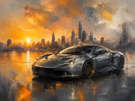 Sportwagen bei Sonnenuntergang, Leinwand oder Acrylbild