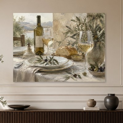 Mediterrane Tafel mit Wein, Natur und ruhiger Landschaft als Kunstdruck Leinwand oder Poster