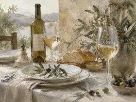 Mediterrane Tafel mit Wein, Natur und ruhiger Landschaft als Kunstdruck Leinwand oder Poster