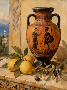 Mediterrane Stillleben Kunstwerk oder Kunstdruck mit antiker Vase