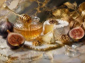 Stillleben mit Feigen und Honig als Kunstwerk oder Fine Art Print