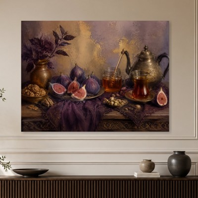 Stillleben mit Feigen und Tee, Kunstdruck oder Leinwandbild