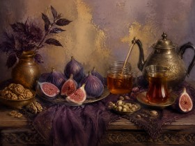 Stillleben mit Feigen und Tee, Kunstdruck oder Leinwandbild