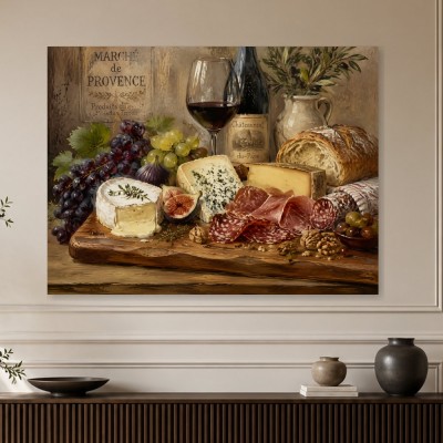 Stillleben mit Wein, Käse und Brot als Leinwand oder Poster