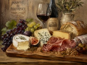 Stillleben mit Wein, Käse und Brot als Leinwand oder Poster