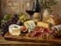 Stillleben mit Wein, Käse und Brot als Leinwand oder Poster