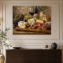 Stillleben mit Wein, Käse und Brot als Leinwand oder Poster