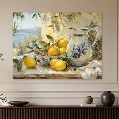 Mediterranes Stillleben mit Zitronen, Wandbild oder Kunstdruck