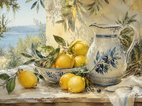 Mediterranes Stillleben mit Zitronen, Wandbild oder Kunstdruck