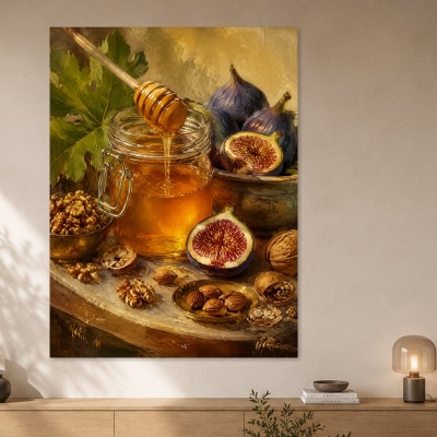 Stillleben mit Feigen und Honig, Kunstdruck oder Leinwandbild