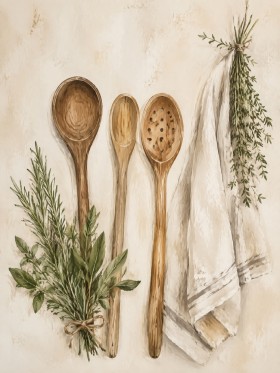 Rustikales Küchenmotiv mit Kräutern als Leinwand oder Poster