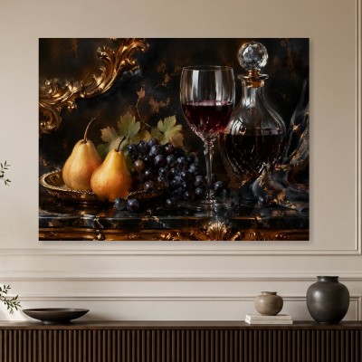 Stillleben mit Wein, Birnen und Trauben als Kunstwerk oder Kunstdruck