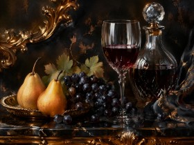 Stillleben mit Wein, Birnen und Trauben als Kunstwerk oder Kunstdruck