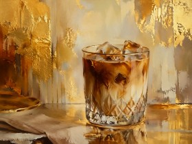 Goldener Drink auf Glas, Acrylbild oder Kunstdruck