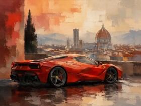 Roter Sportwagen vor Florenz, Fine Art Print oder Acrylbild