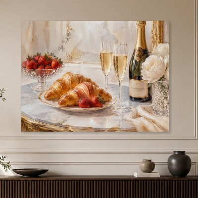 Elegantes Stillleben mit Champagner, Leinwand oder Kunstdruck