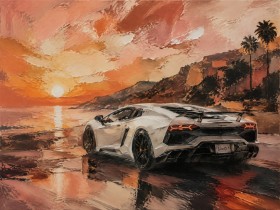 Sportwagen am Sonnenuntergang, Modernes Wandbild oder Leinwandbild