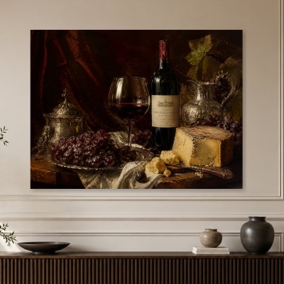 Stillleben mit Wein und Käse als Kunstdruck oder Wandbild