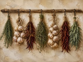 Rustikale Kräuter und Knoblauch, Leinwand oder Kunstdruck