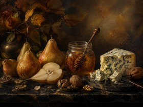 Stillleben mit Birnen und Käse, Kunstdruck oder Gallery Print