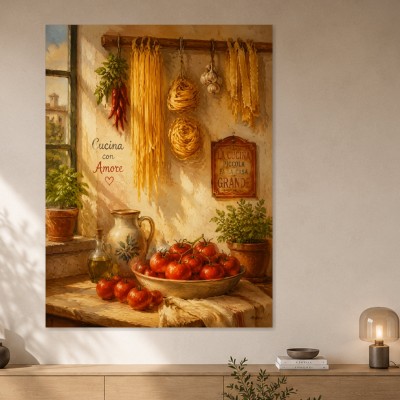 Mediterrane Cucina mit Leinwandbild und Kunstdruck