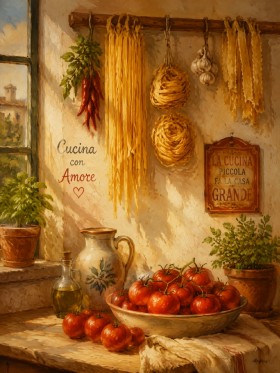 Mediterrane Cucina mit Leinwandbild und Kunstdruck