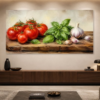 Stillleben mit Tomaten, Basilikum und Knoblauch als Kunstdruck oder Leinwand