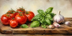 Stillleben mit Tomaten, Basilikum und Knoblauch als Kunstdruck oder Leinwand