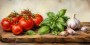 Stillleben mit Tomaten, Basilikum und Knoblauch als Kunstdruck oder Leinwand