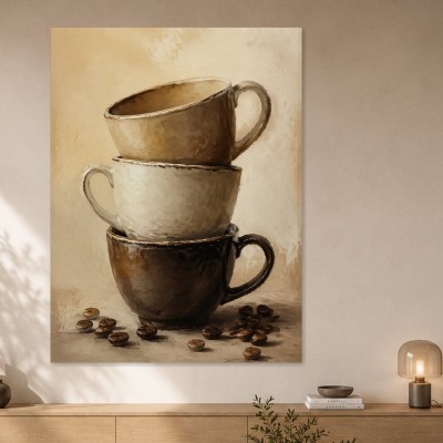 Stapelnde Kaffeetassen als Kunstdruck oder Leinwand für die Küche